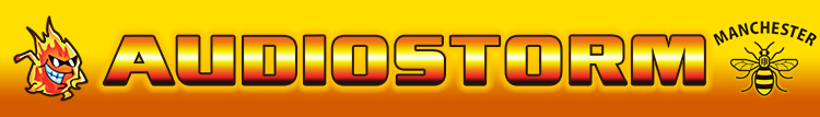 AudioStorm text logo in a gradient of colours from bright white, through yellow, orange and red to a dull ochre, outlined in a warm yellow glow and intended to give the impression of hot metal being forged.